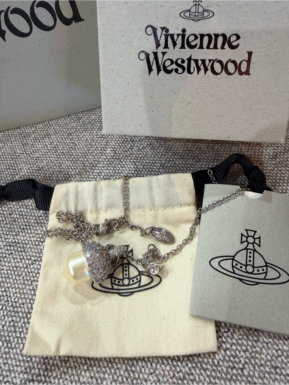 Vivienne Westwood Silver Acorn Pendant Necklace with Cream Drop